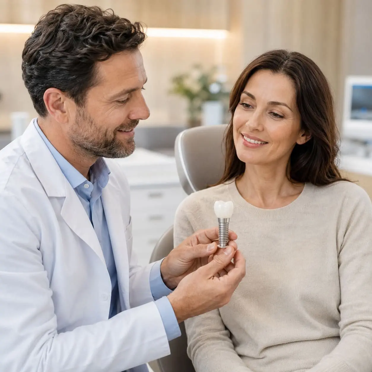 Dentista apresentando um modelo de implante dentário à paciente