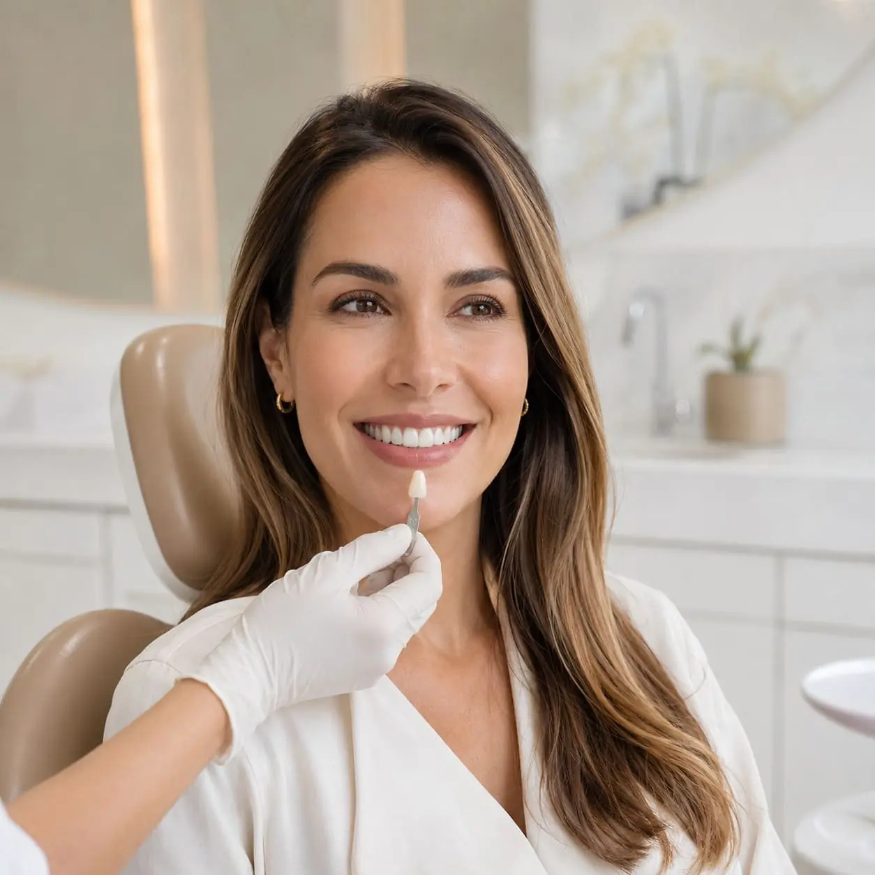 Paciente avaliando a tonalidade de uma prótese dentária